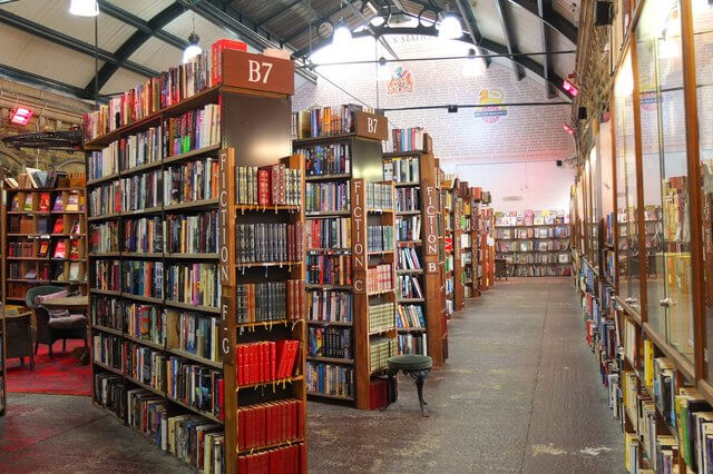 A row of bookcases full of books at Barker Books in Northumberland