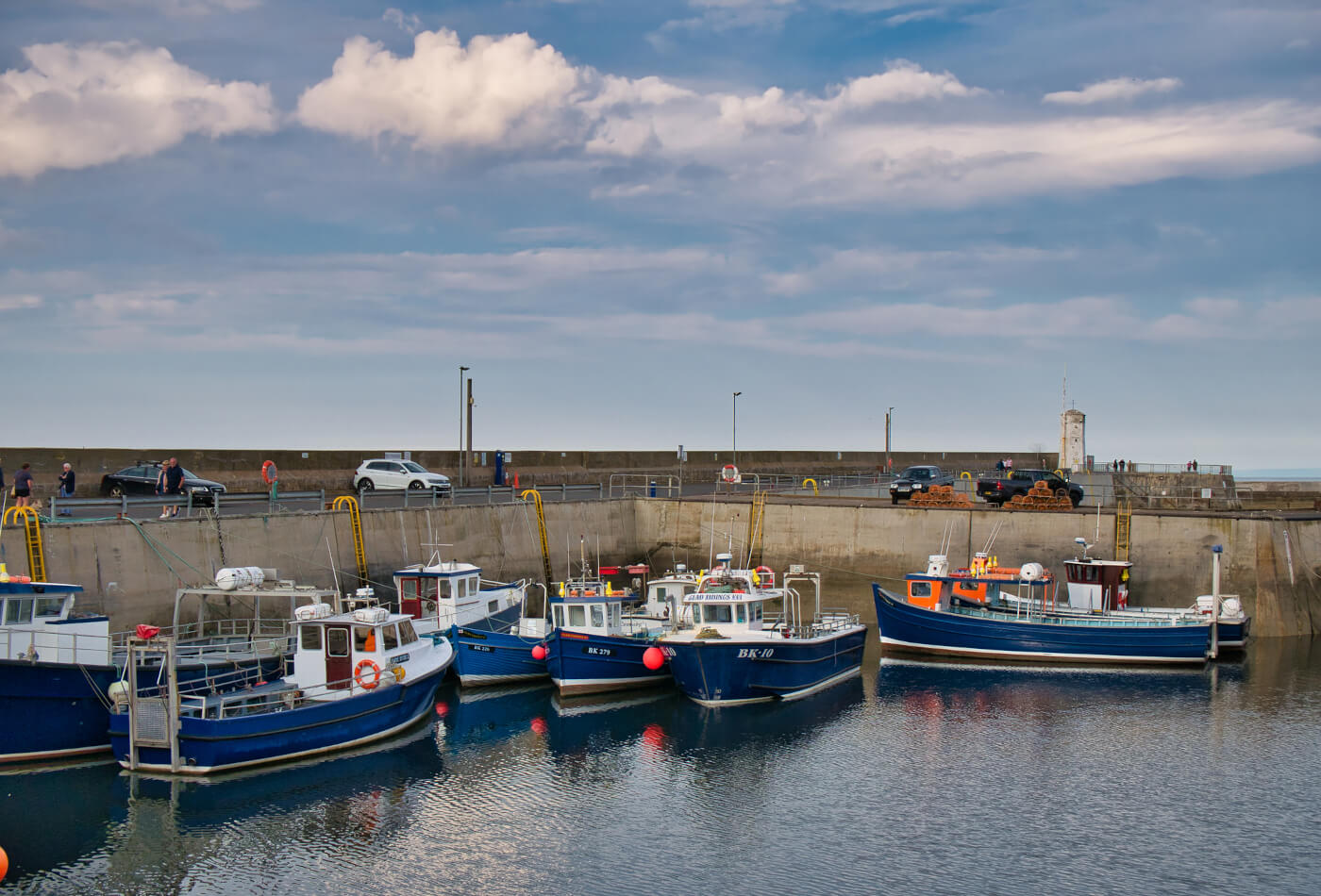 Boats docked at the harbour in Seahouses