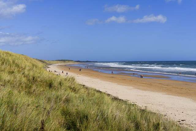 Image shows a beach in Northumberland with grassy sand dunes on the bottom left of the image, looking out to sea with people in the distance